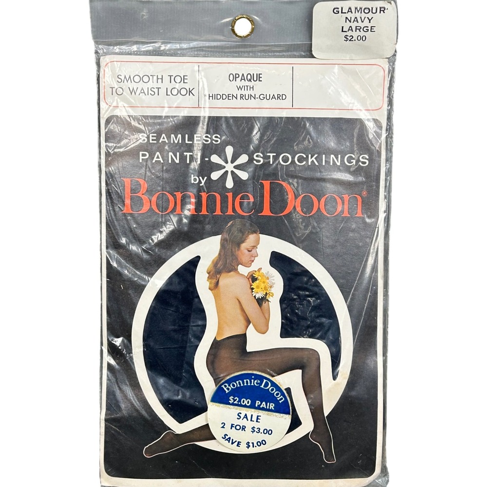 Vintage Bonnie Vintage New Old Stock Doon Navy Opaque‎ Hose Stockings Large USA